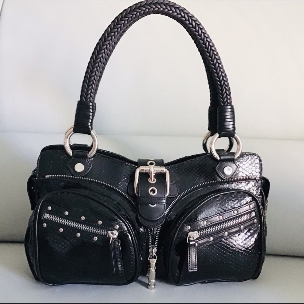 GIANNI VERSACE SNAKE SKIN SATCHEL HANDBAG-BLK GLAZE PYTHON LEATHER-NEW VTG 2005